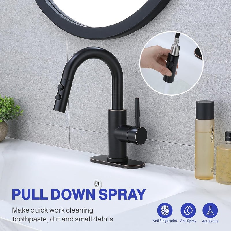 Kablle Bathroom Sink Faucet with Pull Down Sprayer, Oil Rubbed Bronze Single Handle Pull Out Faucet with Pop-Up Drain, 1 or 3 Hole Laundry Bar Basin Faucet with Deck Plate, KBL-7002ORB-CL - Image 2